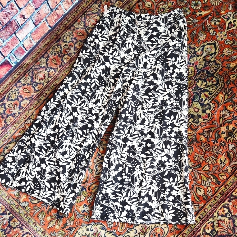 Midnight Sky Rayon Cotton Flax Blend Wide Leg Pants L NWT